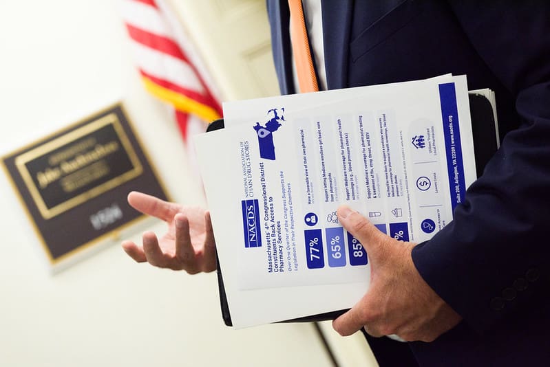 NACDS Policy Council member distributes a localized fact sheet with district polling to a legislator’s office. NACDS Policy Council member distributes a localized fact sheet with district polling to a legislator’s office.